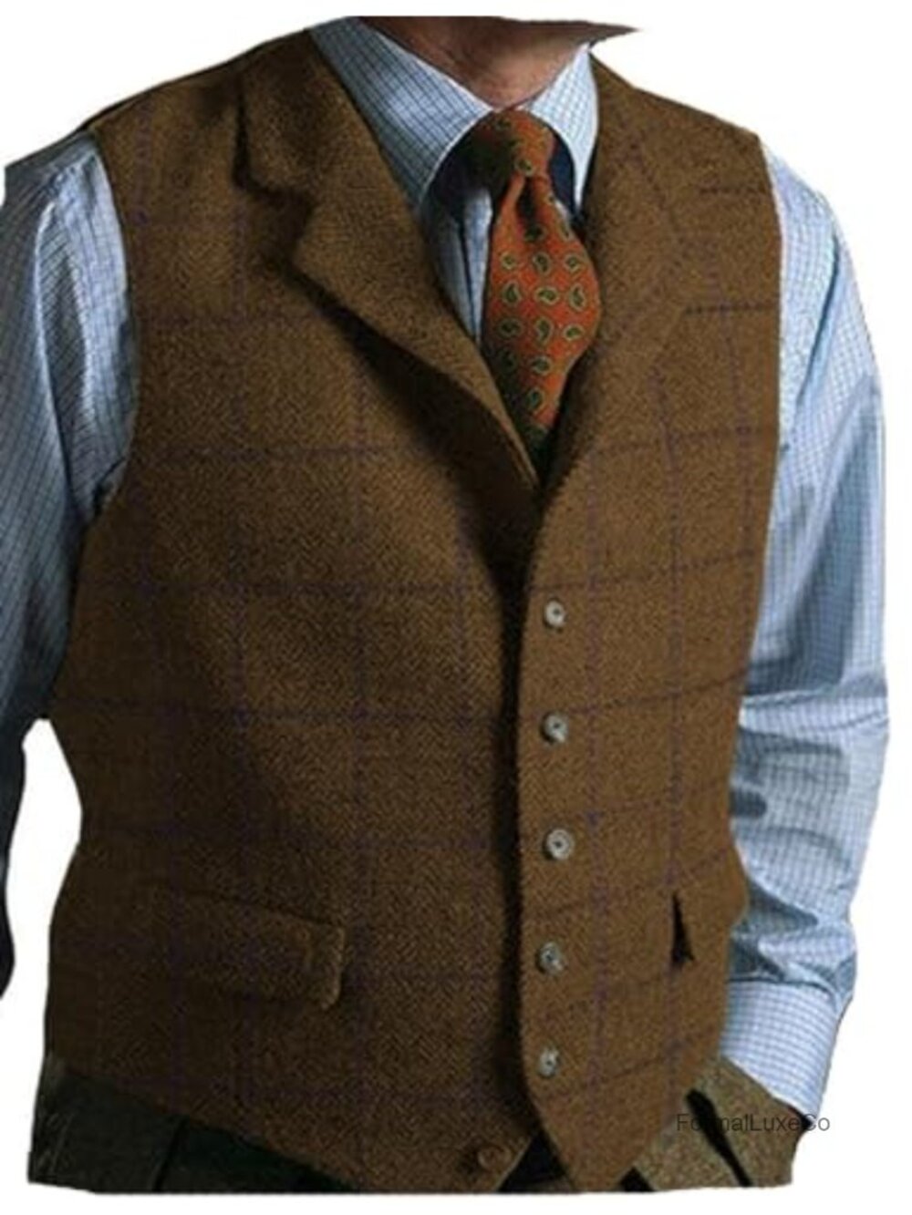Men's Tweed Plaid Suit Vest Slim Fit Waistcoat Wedding Groomsmen
